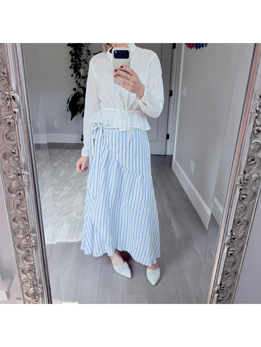LOFT Blue and White Striped Wrap Midi Skirt Size 8
